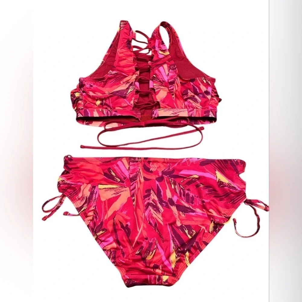 All in Motion Pink Lace Up Tropical Bikini Swimwear Set Size L